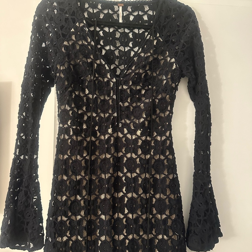 Free People Black Crochet Long Sleeve Dress - Picture 4 of 5